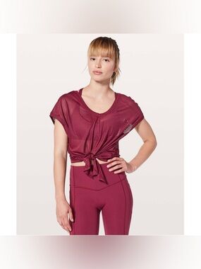 Lululemon Athletica Ahead By Miles Ruby Wine Red Short Sleeve Tie top
